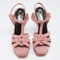 مملوكة مسبقًا صندل سان لوران تريبوت سويدي وردي بحزام للكاحل كعب سميك مقاس 36.5