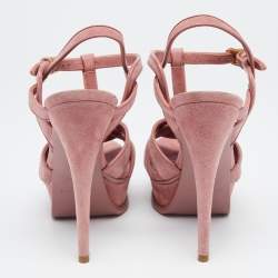 مملوكة مسبقًا صندل سان لوران تريبوت سويدي وردي بحزام للكاحل كعب سميك مقاس 36.5