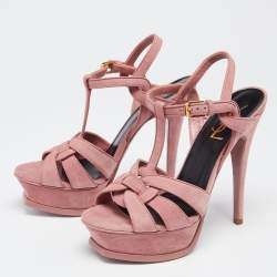 مملوكة مسبقًا صندل سان لوران تريبوت سويدي وردي بحزام للكاحل كعب سميك مقاس 36.5