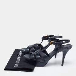 Saint Laurent Navy Blue Leather Tribute Platform Sandals Size 40