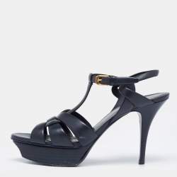 Saint Laurent Navy Blue Leather Tribute Platform Sandals Size 40