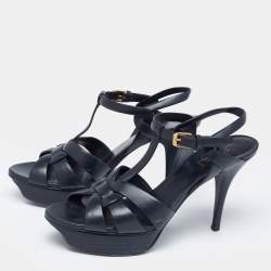 Saint Laurent Navy Blue Leather Tribute Platform Sandals Size 40