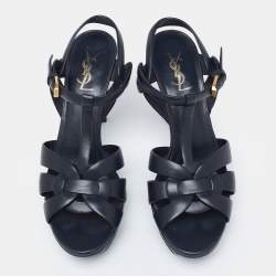 Saint Laurent Navy Blue Leather Tribute Platform Sandals Size 40