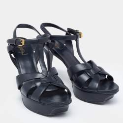 Saint Laurent Navy Blue Leather Tribute Platform Sandals Size 40