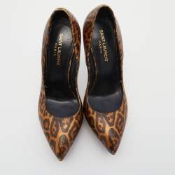 Saint Laurent Metallic Leopard Print Leather Janis Pointed Toe Platform Pumps Size 38