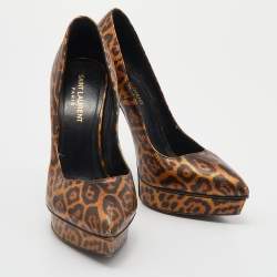 Saint Laurent Metallic Leopard Print Leather Janis Pointed Toe Platform Pumps Size 38