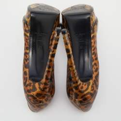 Saint Laurent Metallic Leopard Print Leather Janis Pointed Toe Platform Pumps Size 38