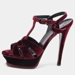 Saint Laurent Burgundy Velvet Tribute Platform Ankle Strap Sandals Size 38