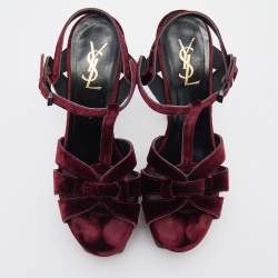 Pre Owned Saint Laurent Burgundy Velvet Tribute Platform Ankle Strap Sandals Size 38