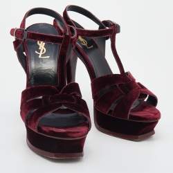 Pre Owned Saint Laurent Burgundy Velvet Tribute Platform Ankle Strap Sandals Size 38