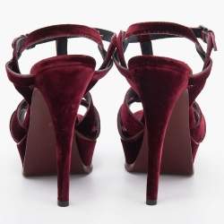 Pre Owned Saint Laurent Burgundy Velvet Tribute Platform Ankle Strap Sandals Size 38