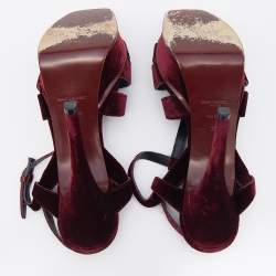 Pre Owned Saint Laurent Burgundy Velvet Tribute Platform Ankle Strap Sandals Size 38