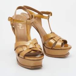 Saint Laurent Gold Patent Leather Tribute Platform Ankle Strap Sandals Size 38