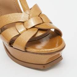 Saint Laurent Gold Patent Leather Tribute Platform Ankle Strap Sandals Size 38