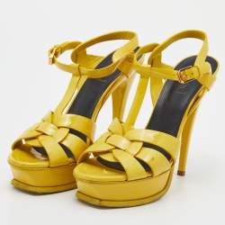 Saint Laurent Yellow Patent Leather Tribute Platform Ankle Strap Platform Sandals Size 38