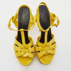 Saint Laurent Yellow Patent Leather Tribute Platform Ankle Strap Platform Sandals Size 38