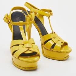 Saint Laurent Yellow Patent Leather Tribute Platform Ankle Strap Platform Sandals Size 38