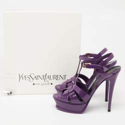 مملوكة مسبقًا صندل سان لوران تريبوت جلد بنفسجي لامع نعل سميك مقاس 37.5