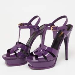 مملوكة مسبقًا صندل سان لوران تريبوت جلد بنفسجي لامع نعل سميك مقاس 37.5