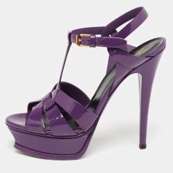 مملوكة مسبقًا صندل سان لوران تريبوت جلد بنفسجي لامع نعل سميك مقاس 37.5