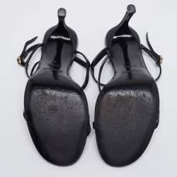 Pre Owned Saint Laurent Black Patent Leather And Canvas Logo Slingback  Sandals Size 37