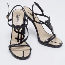 Pre Owned Saint Laurent Black Patent Leather And Canvas Logo Slingback  Sandals Size 37