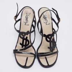 Pre Owned Saint Laurent Black Patent Leather And Canvas Logo Slingback  Sandals Size 37