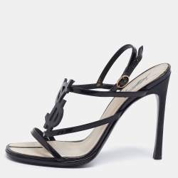 Saint Laurent Black Patent Leather And Canvas Logo Slingback  Sandals Size 37