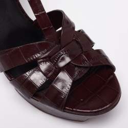 Saint Laurent Burgundy Croc Embossed Leather Tribute Platform Sandals Size 37