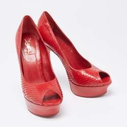 Saint Laurent Red Snakeskin Palais Platform Peep Toe Pumps Size 38