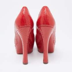 Saint Laurent Red Snakeskin Palais Platform Peep Toe Pumps Size 38