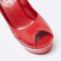 Saint Laurent Red Snakeskin Palais Platform Peep Toe Pumps Size 38