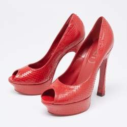 Saint Laurent Red Snakeskin Palais Platform Peep Toe Pumps Size 38