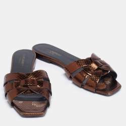 Pre Owned Saint Laurent Bronze Snakeskin Embossed Leather Tribute Flat Slides Size 38