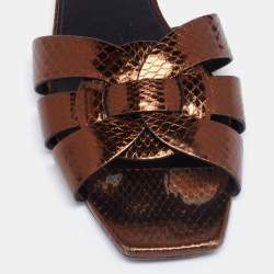 Pre Owned Saint Laurent Bronze Snakeskin Embossed Leather Tribute Flat Slides Size 38