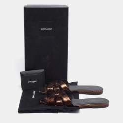 Pre Owned Saint Laurent Bronze Snakeskin Embossed Leather Tribute Flat Slides Size 38