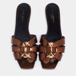 Pre Owned Saint Laurent Bronze Snakeskin Embossed Leather Tribute Flat Slides Size 38