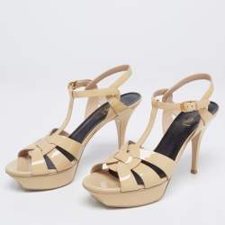 Pre Owned Saint Laurent Beige Patent Leather Tribute Platform Sandals Size 41