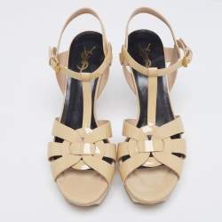 Pre Owned Saint Laurent Beige Patent Leather Tribute Platform Sandals Size 41