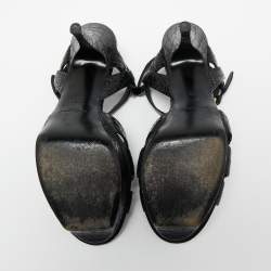 Pre Owned Saint Laurent Black Croc Embossed Leather Tribute Sandals Size 38