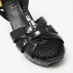 Pre Owned Saint Laurent Black Croc Embossed Leather Tribute Sandals Size 38