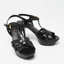 Pre Owned Saint Laurent Black Croc Embossed Leather Tribute Sandals Size 38