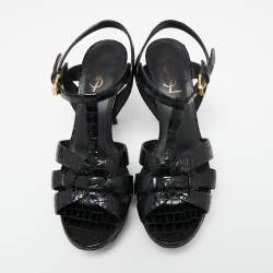 Pre Owned Saint Laurent Black Croc Embossed Leather Tribute Sandals Size 38