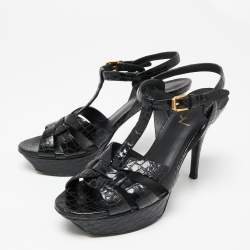 Pre Owned Saint Laurent Black Croc Embossed Leather Tribute Sandals Size 38