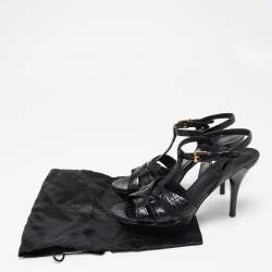 Pre Owned Saint Laurent Black Croc Embossed Leather Tribute Sandals Size 38