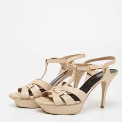 Pre Owned Saint Laurent Beige Croc Embossed Leather Tribute  Platform Sandals Size 40