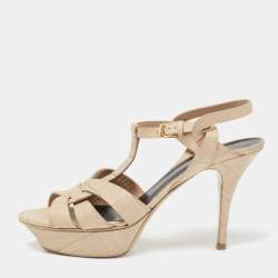 Pre Owned Saint Laurent Beige Croc Embossed Leather Tribute  Platform Sandals Size 40