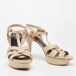 Pre Owned Saint Laurent Beige Croc Embossed Leather Tribute  Platform Sandals Size 40
