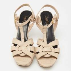 Pre Owned Saint Laurent Beige Croc Embossed Leather Tribute  Platform Sandals Size 40