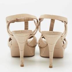 Pre Owned Saint Laurent Beige Croc Embossed Leather Tribute  Platform Sandals Size 40